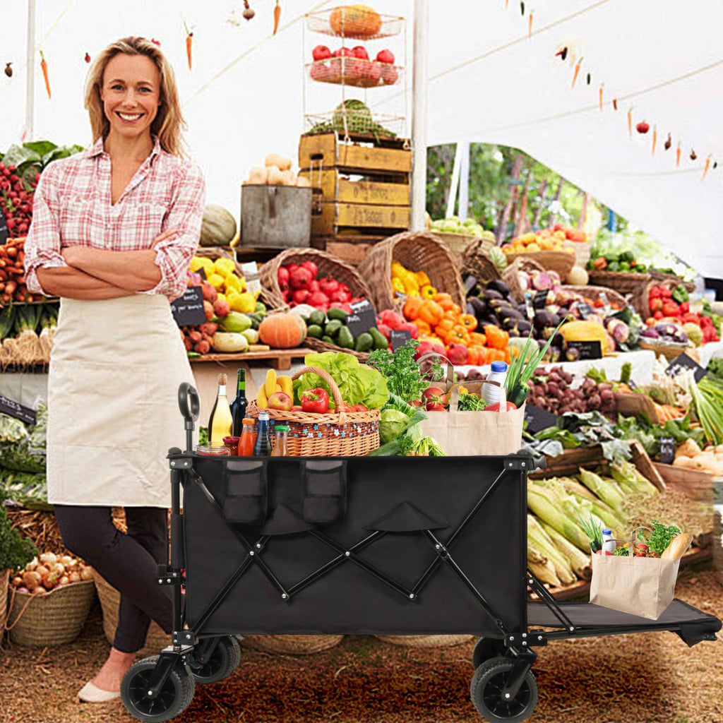 Foldable Wagon With Extended Tailgate - Extra Long Extender Utility & Beach Cart, Heavy Duty 480LBS, Large All-Terrain Wheels, Black-Gray