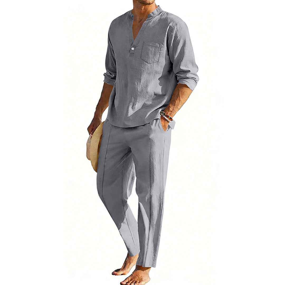 Men's Casual Henley Long-Sleeve Shirt and Straight-Leg Pants Set