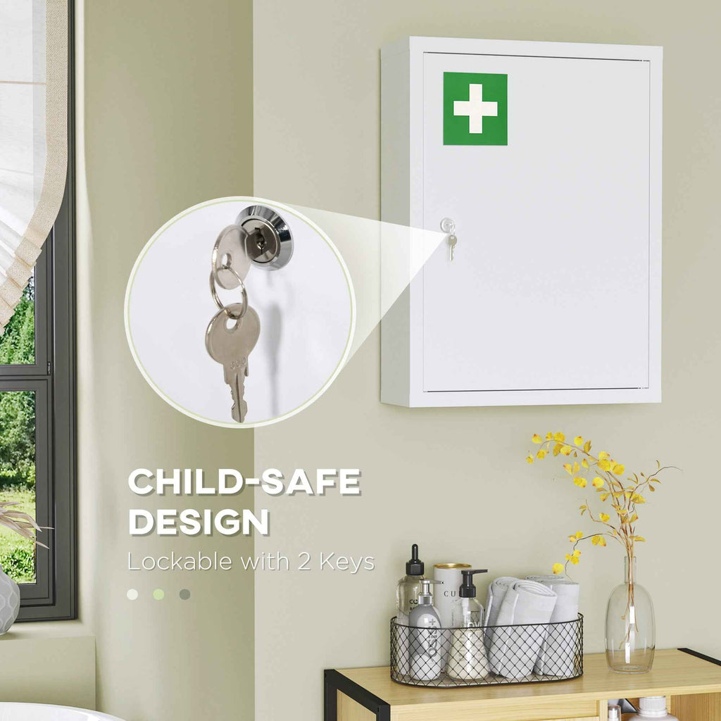 Lockable Medicine Cabinet – 16" x 21" 3-Tier Steel Medical Wall Box with 2 Keys & Shelves, White
