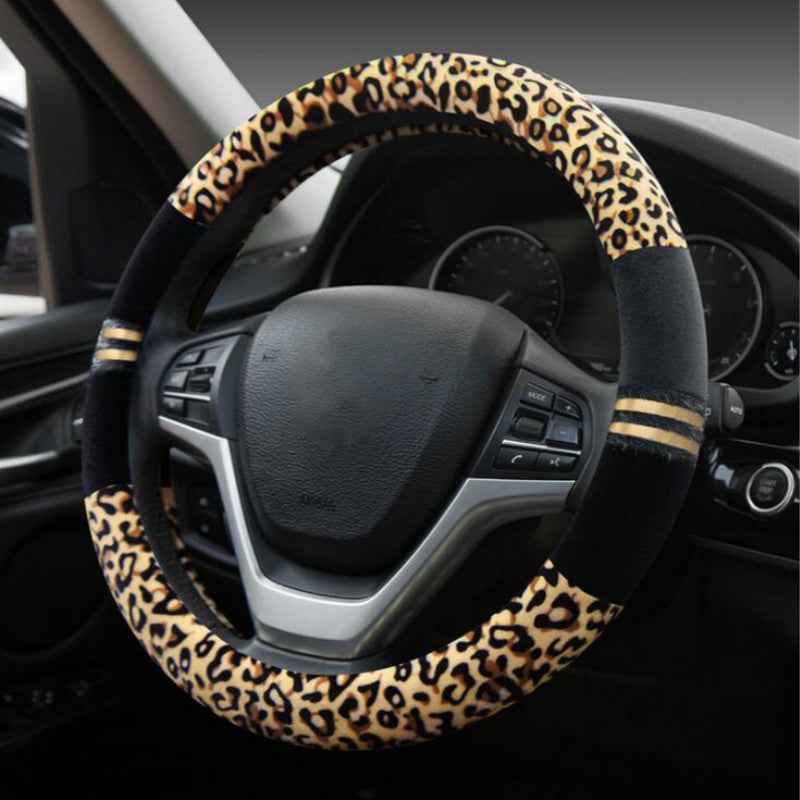 Universal 15-Inch Winter Plush Leopard Steering Wheel Cover – Warm Fluffy Faux Fur Auto Accessory Leopard Print Car Accessories