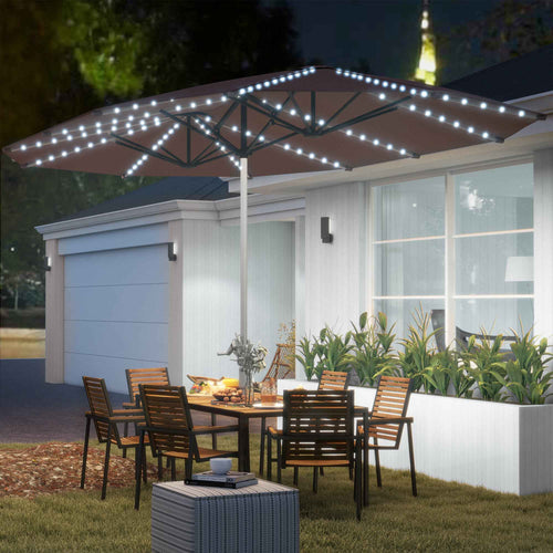 15ft Double-Sided Outdoor Umbrella with Solar Lights, UPF50+ Extra Large Aluminum Patio Umbrella with Crank, Tan