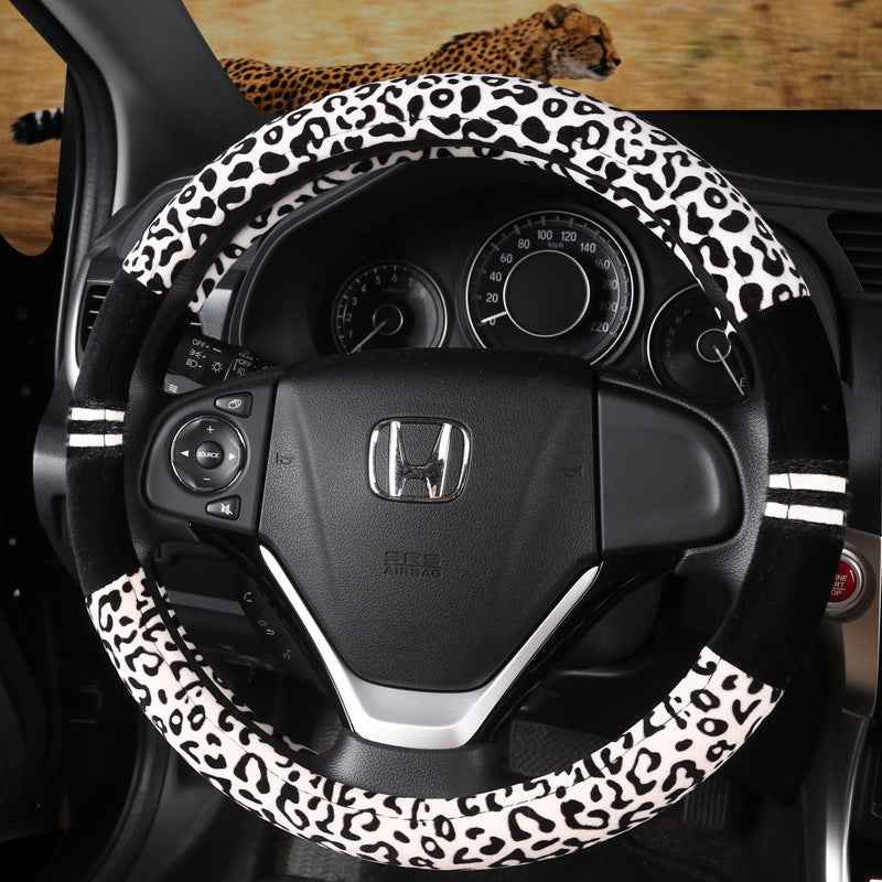 Universal 15-Inch Winter Plush Leopard Steering Wheel Cover – Warm Fluffy Faux Fur Auto Accessory Leopard Print Car Accessories
