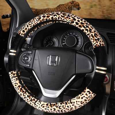 Universal 15-Inch Winter Plush Leopard Steering Wheel Cover – Warm Fluffy Faux Fur Auto Accessory Leopard Print Car Accessories