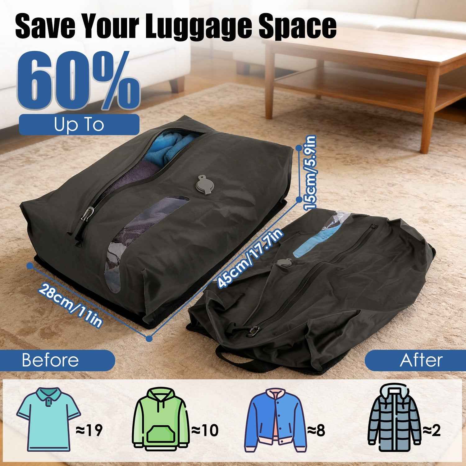 2Pcs 17L Vacuum Bags With Pump Clear Window & Handle | IP67 Waterproof TPU Travel Packing Cubes for Suitcases & Backpacks