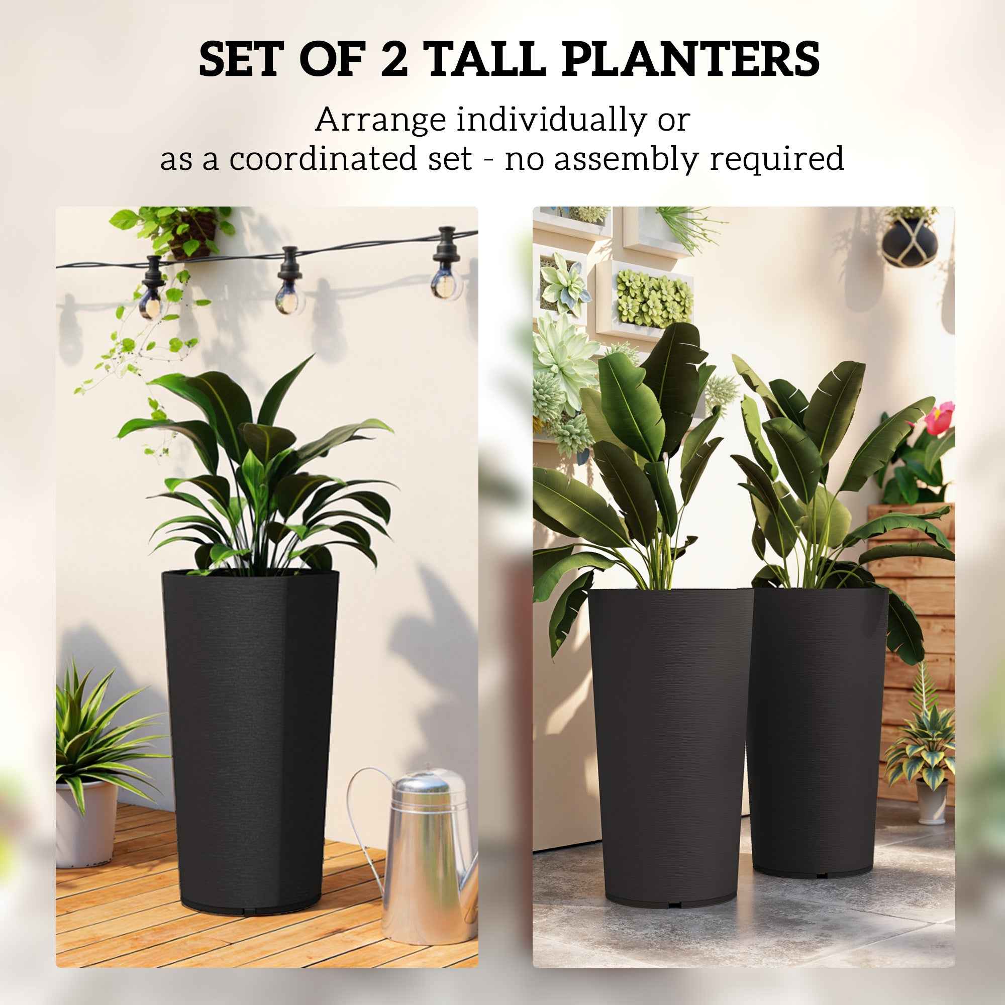 29 Inch Outdoor Planter, Set Of 2 Plastic Flower Pots, Weather And UV Resistant Stackable Large Planters, Black