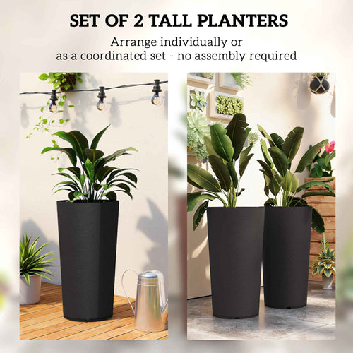 29 Inch Outdoor Planter, Set Of 2 Plastic Flower Pots, Weather And UV Resistant Stackable Large Planters, Black