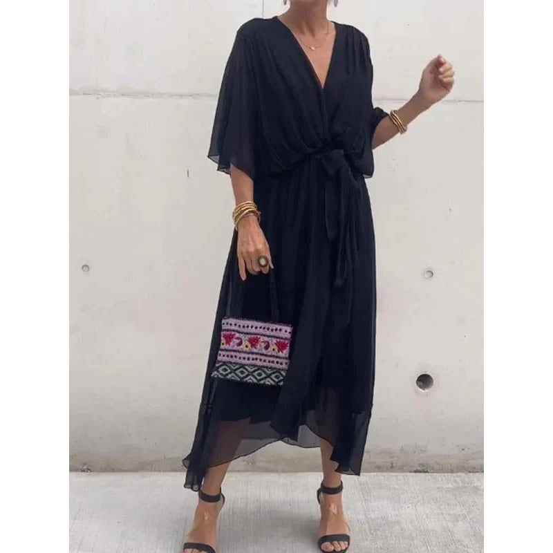 Women's Summer V-Neck Batwing Sleeve Tie-Waist Irregular Long Maxi Dress