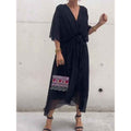 Women's Summer V-Neck Batwing Sleeve Tie-Waist Irregular Long Maxi Dress