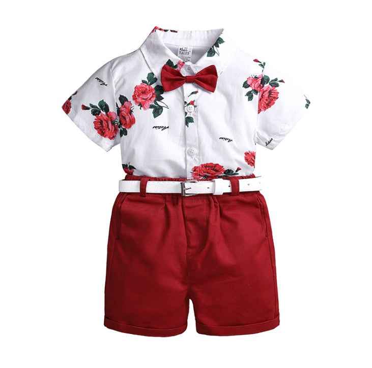 Toddler Boy 2-Piece Summer Outfit: Floral Polo Shirt & Red Shorts Set