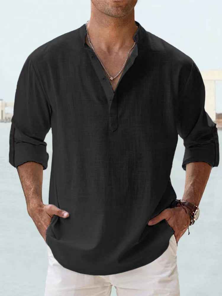 Men's Cotton Linen Casual Long Sleeve Shirt – Loose Fit Lightweight Pullover Tee