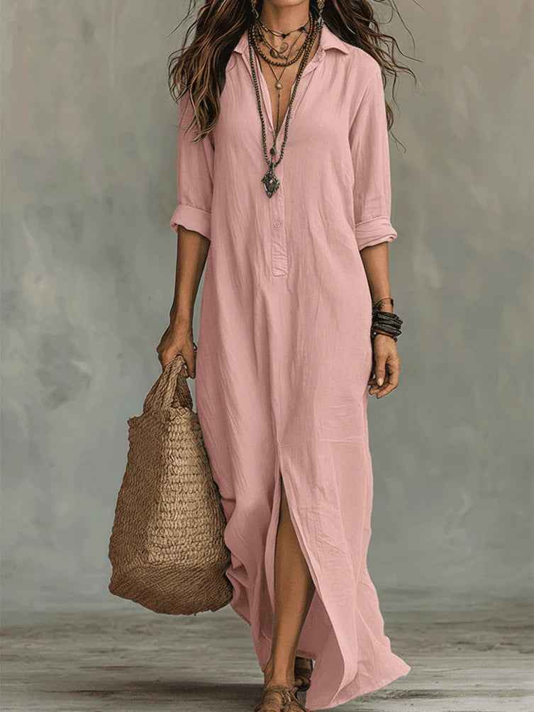 Spring Summer Cross-Border Casual Solid Color Notched Lapel Front Split Long Dress, Trendy Women's Fashion, Comfortable & Stylish