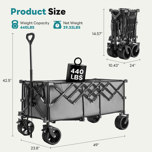 300L Folding Wagon Cart With 440lb Capacity, Big 7" All-Terrain Wheels & Drink Holders