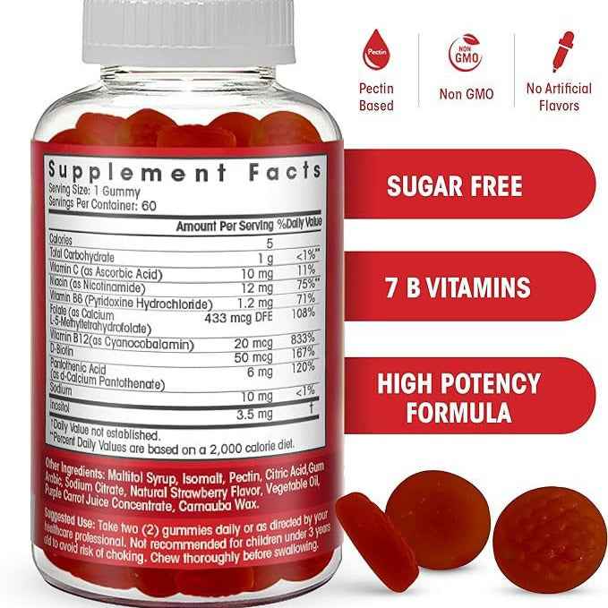 B-Complex Vitamin Gummies, with Methylated B12, Methyl folate & Vitamin C, Energy & Metabolism Support, Vegan, 60 Count