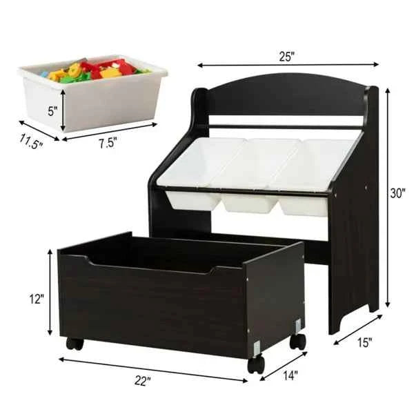 Kids Toy Storage Organizer Cabinet with Large Toy Box & Display Shelf, Dark Brown
