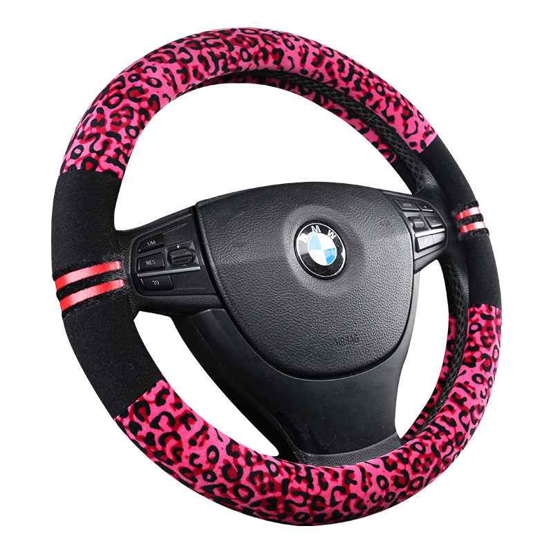 Universal 15-Inch Winter Plush Leopard Steering Wheel Cover – Warm Fluffy Faux Fur Auto Accessory Leopard Print Car Accessories