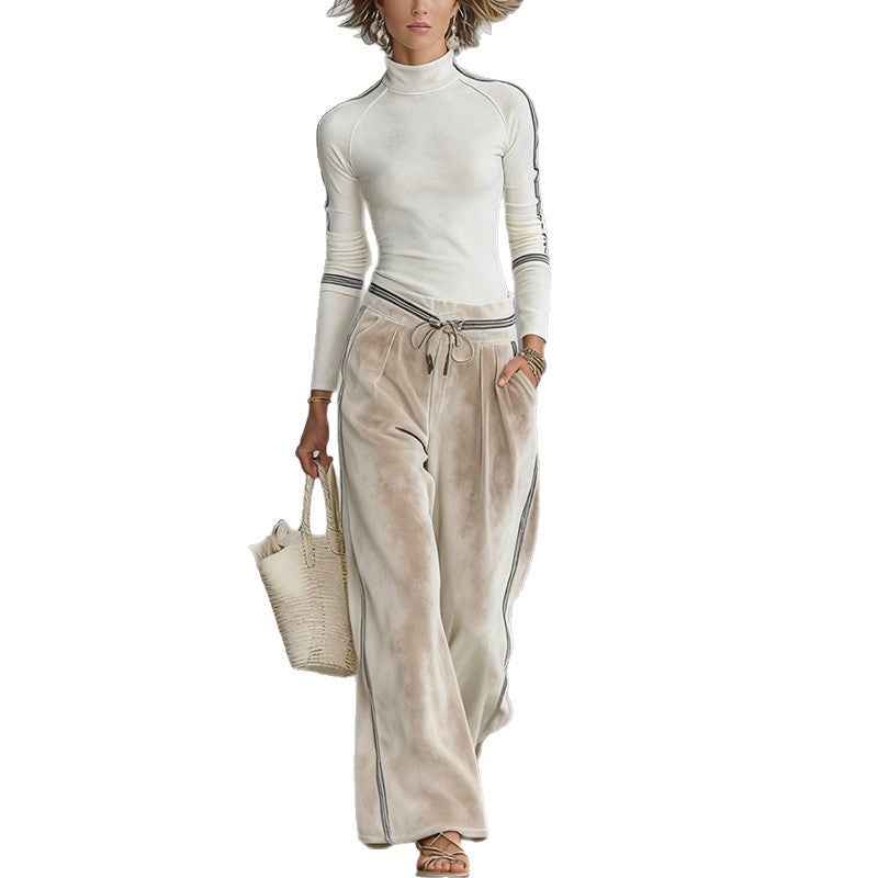 Women's Velour Turtleneck & Wide-Leg Pants Set - Stylish 2-Piece Casual Lounge Outfit