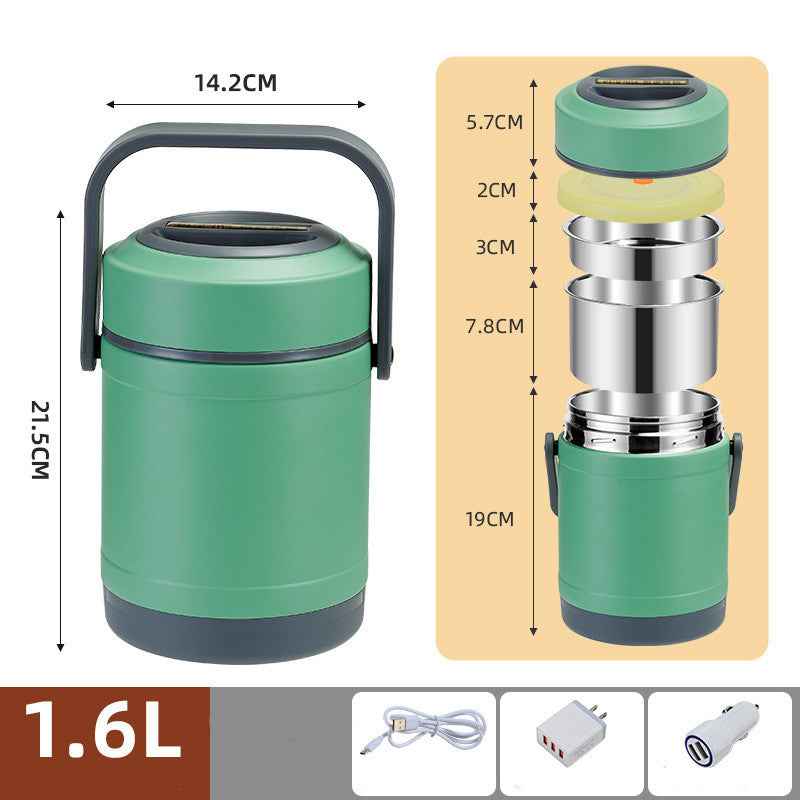 3-Level Heated Electric Lunch Box | 54oz Stainless Steel USB Food Warmer Canister