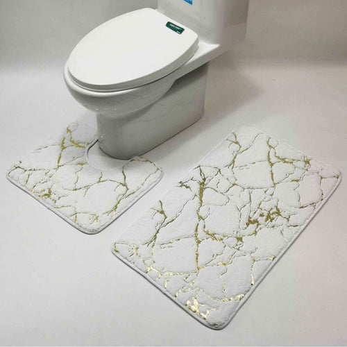 2 or 3-Piece Gold-Embossed Faux Rabbit Fur Bath Mat & Toilet Set | Non-Slip & Water Absorbent