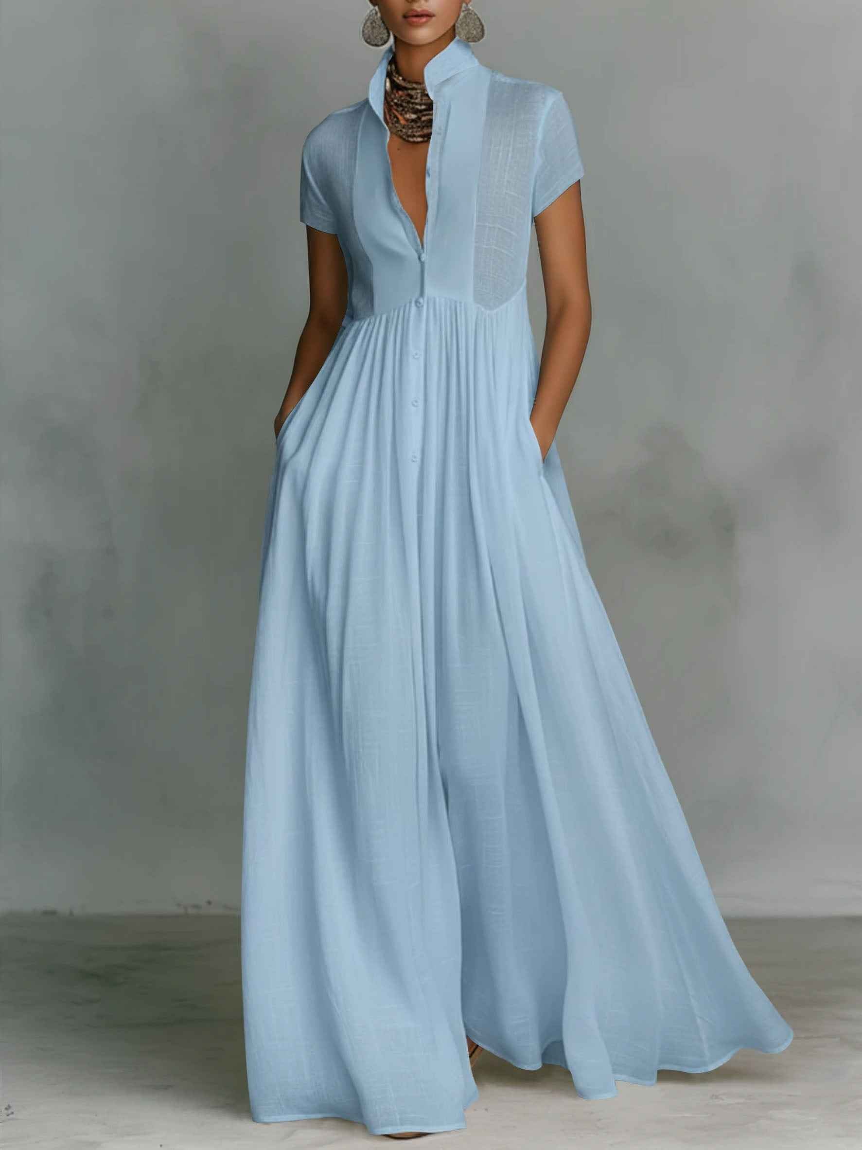 Women's Elegant Stand Collar Maxi Dress – High Waist Pleated Flowy A-Line Summer Long Dress