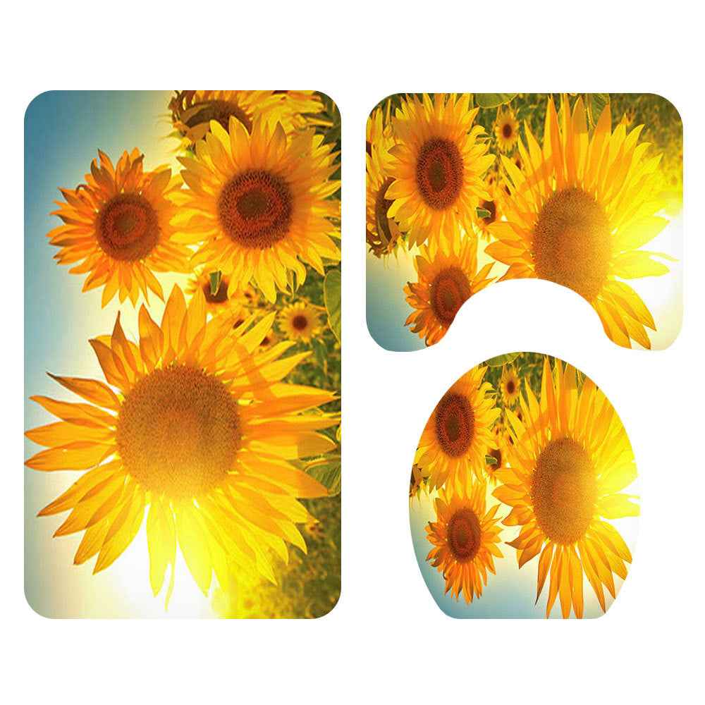 4-Piece Sunflower Shower Curtain Set with Non-Slip Bathroom Rugs & Toilet Lid Cover – Yellow Floral Waterproof Bath Decor