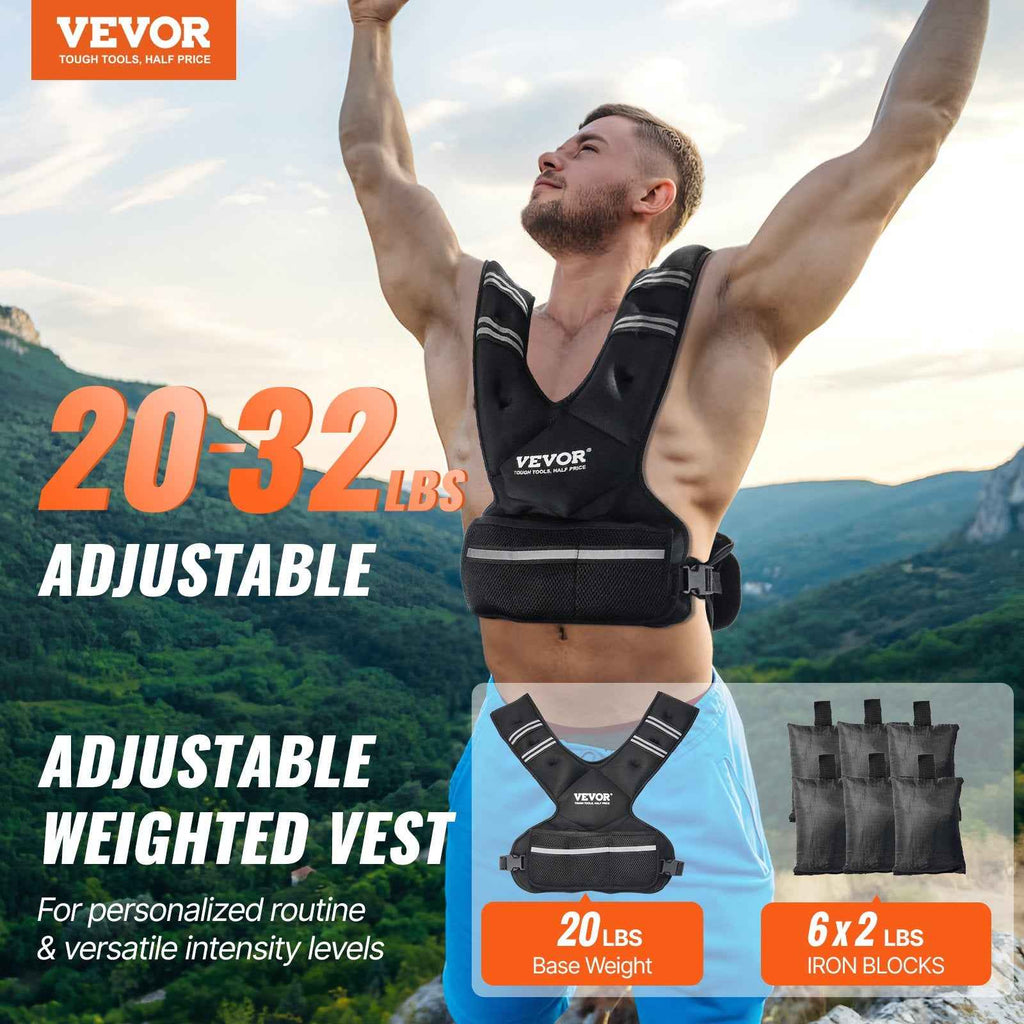 Adjustable Weighted Vest, 20-32lb Weight Vest With 6 Ironsand Weights And Reflective Stripe - Unisex Body Weight Exercise Set For Men & Women - Workout Equipment For Strength Training, Running & Jogging