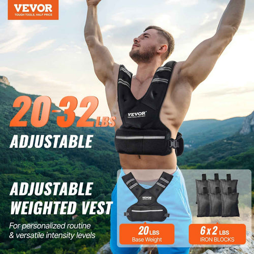 Adjustable Weighted Vest, 20-32lb Weight Vest With 6 Ironsand Weights And Reflective Stripe - Unisex Body Weight Exercise Set For Men & Women - Workout Equipment For Strength Training, Running & Jogging