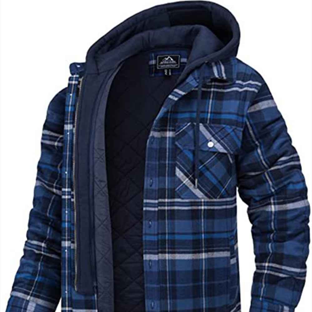 Men's Plaid Hooded Winter Jacket – Thick Padded Warm Zip-Up & Button Casual Shacket Coat
