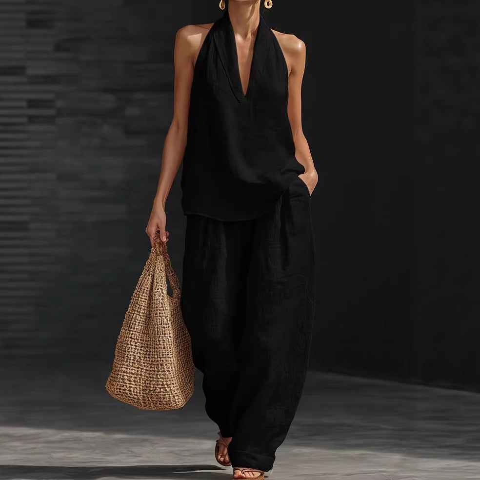 Women's Solid Halter V-Neck Sleeveless Top & Wide Leg Pants Two-Piece Set