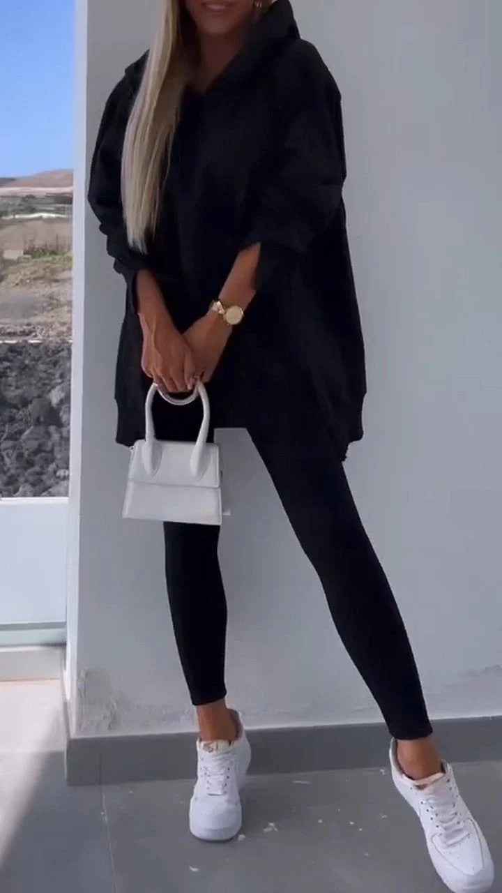 Women's Sports Casual Hooded Sweatshirt & Slit Tights 2-Piece Set