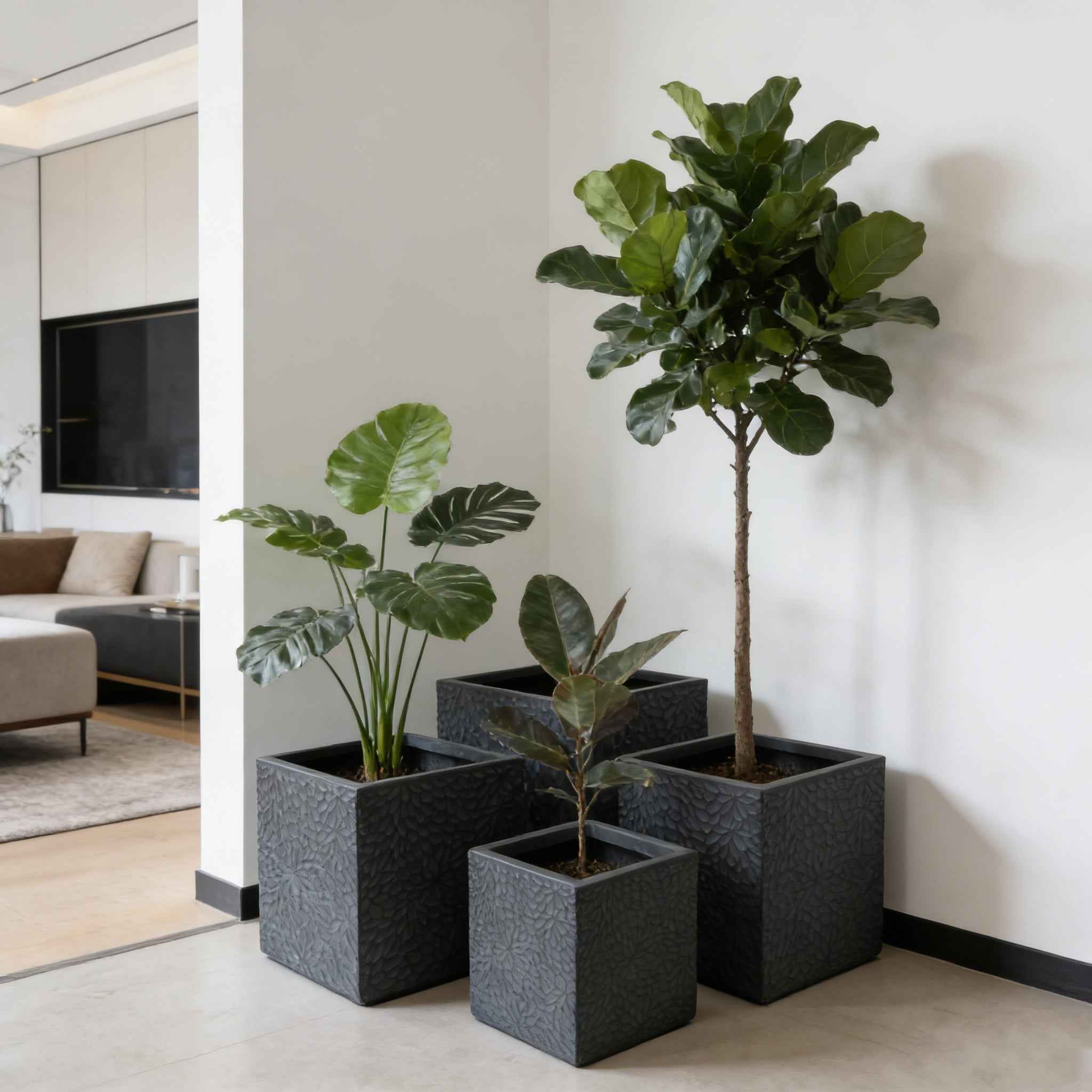 Large Outdoor Indoor Planter, 16.9-14.37-11.6 -9.25  Dia Square Magnesium Oxide Planter Set Of 4, Flower Pots With Drainage Holes,  Modern Design, Grey Color Planter For Home Garden Patio