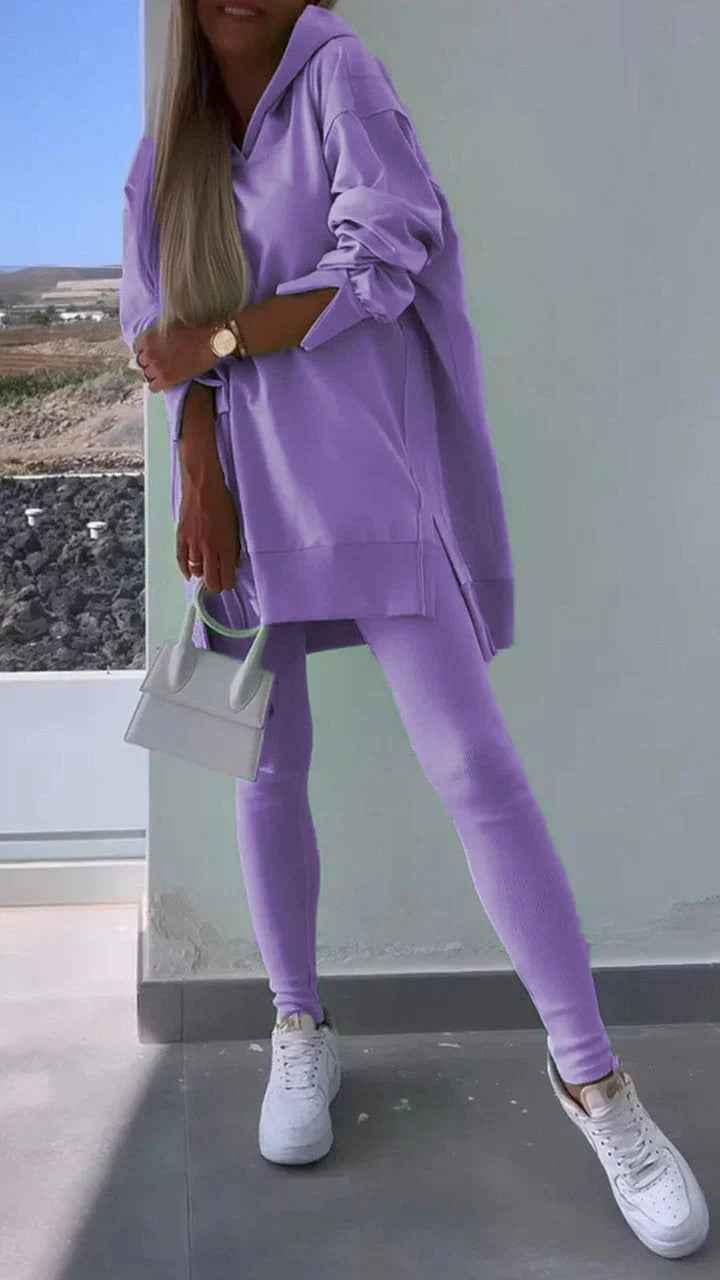 Women's Sports Casual Hooded Sweatshirt & Slit Tights 2-Piece Set