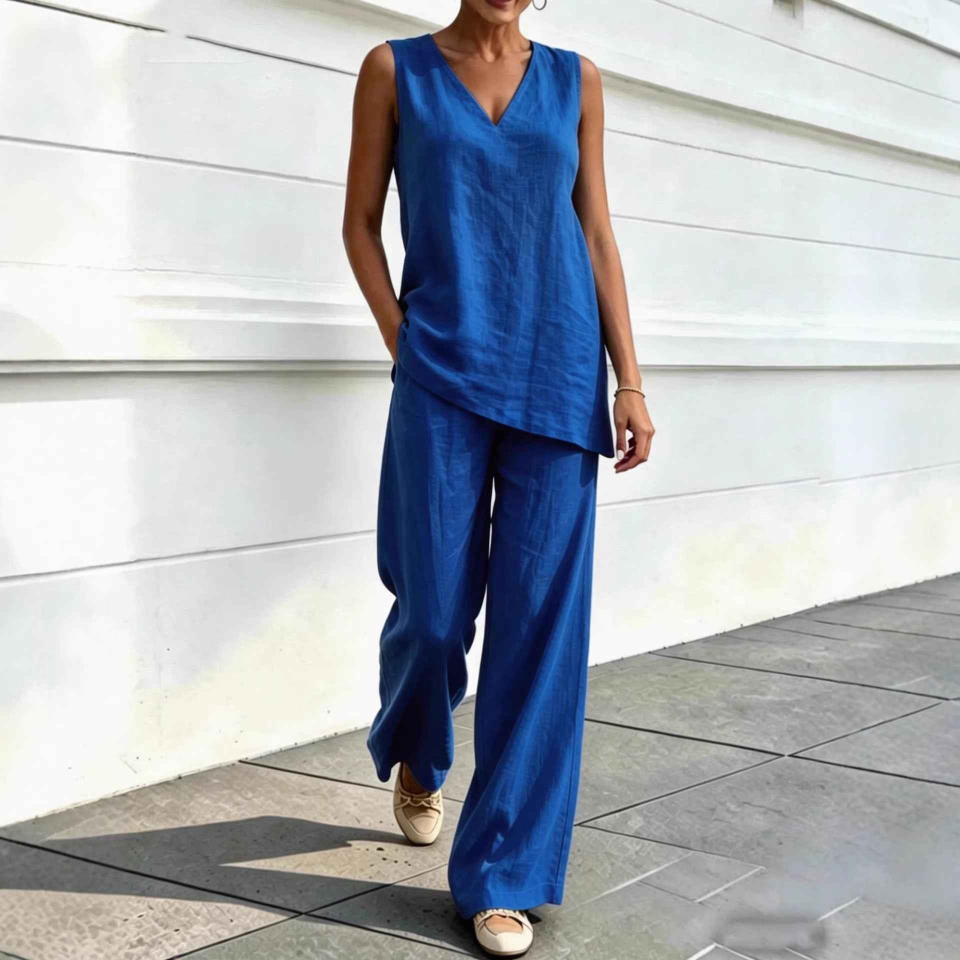 Womens V-neck Sleeveless Cotton-Linen Top And Wide-Leg Pants Set