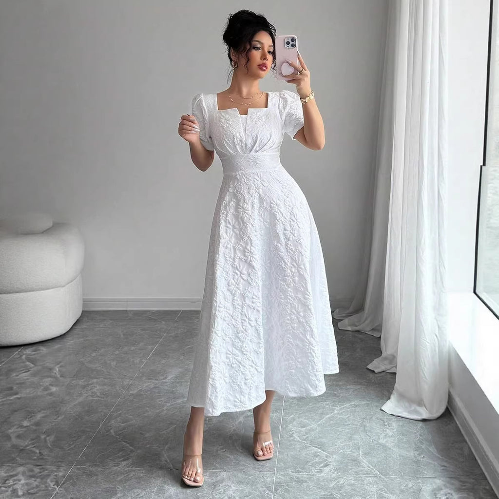 Elegant Jacquard Solid Color Puff Sleeve Square Neck Dress For Women - Shop NCLC
