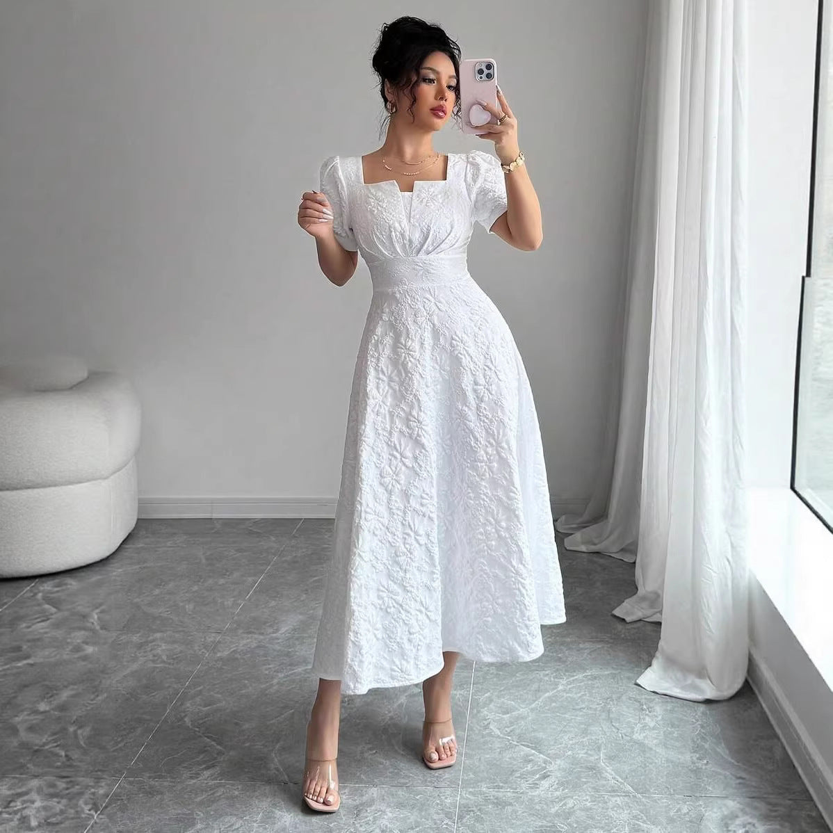 Elegant Jacquard Solid Color Puff Sleeve Square Neck Dress For Women - Shop NCLC
