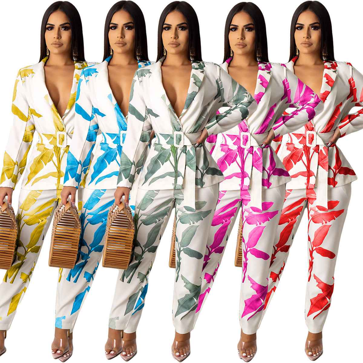 Women's Tropical Palm Print Suit | Long Sleeve Jacket & Trouser Set