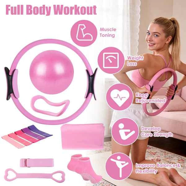 All-in-One 14Pcs Pilates Kit with Ring, Yoga Ball & Resistance Bands + Carry Bag