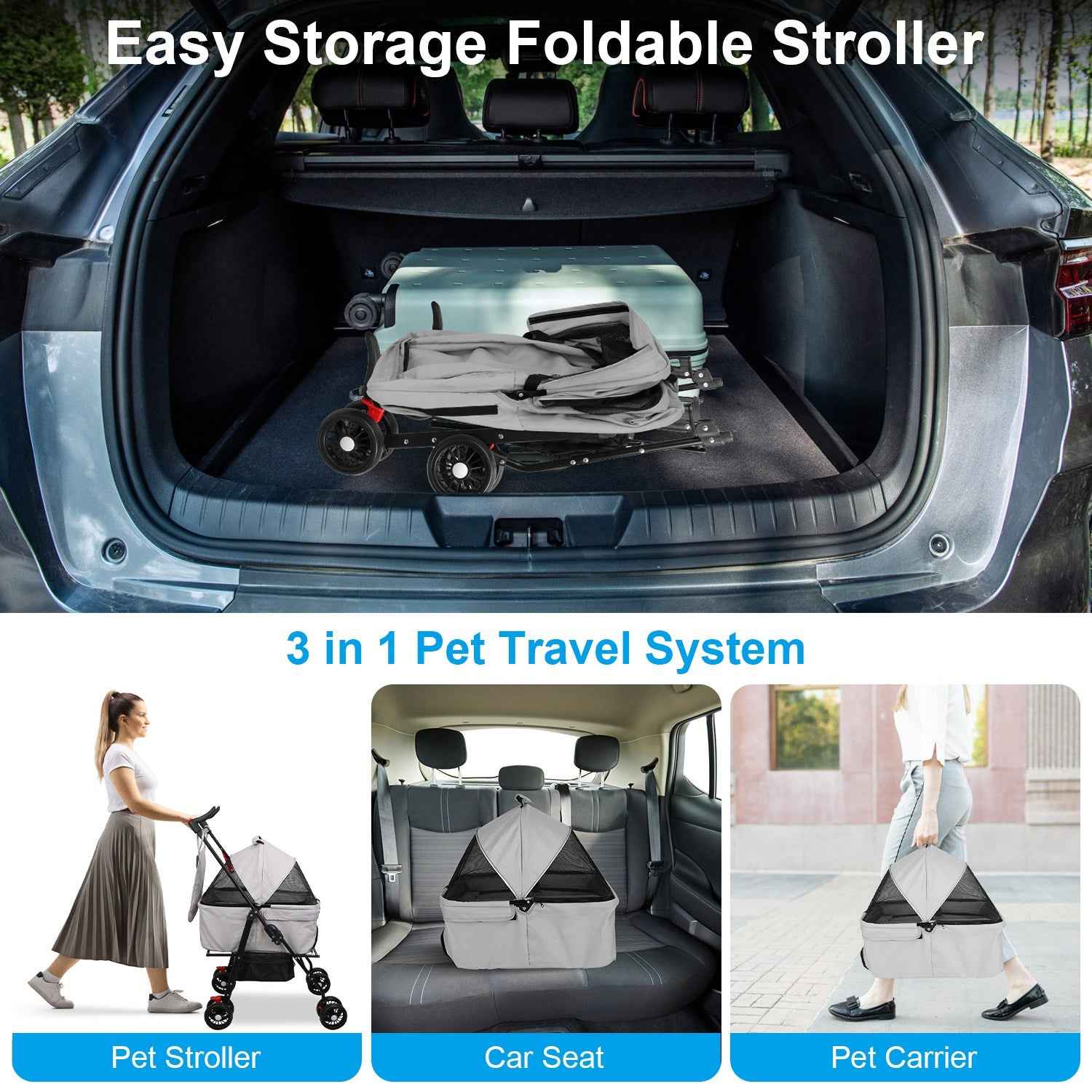 1Pc 4-Wheels Pet Stroller Foldable Carrier Strolling Cart Travel Jogger Pet Stroller With Removable Liner Storage Basket For Dog Cat