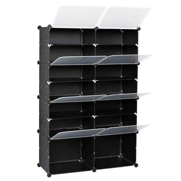 7-Tier Portable 28 Pair Shoe Rack Organizer 14 Grids Tower Shelf Storage Cabinet Stand Expandable For Heels, Boots, Slippers, Black RT