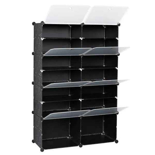 7-Tier Portable 28 Pair Shoe Rack Organizer 14 Grids Tower Shelf Storage Cabinet Stand Expandable For Heels, Boots, Slippers, Black RT