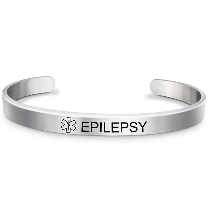 Silver Plated Medical Alert Cuff Bracelet - Epilepsy, Diabetic & Allergy Stainless Steel Bangle for Women & Men