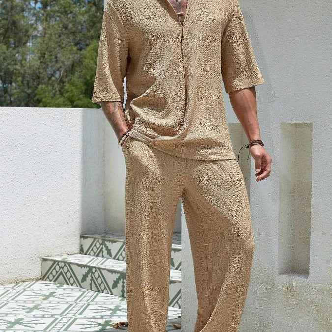 Men’s 2-Piece Summer Commuter Suit | Short-Sleeve Casual Top & Loose Straight Trousers Set
