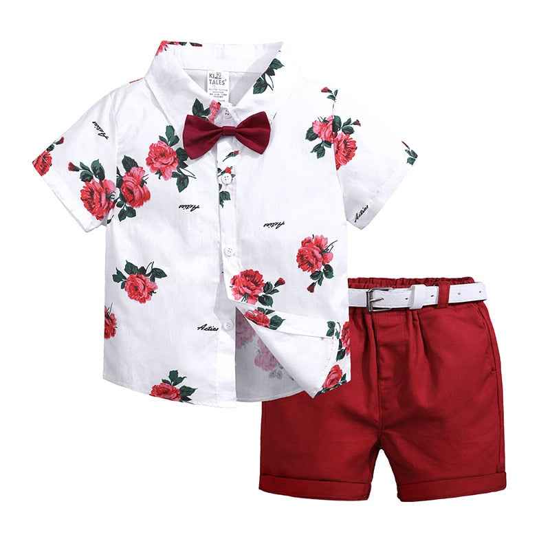 Toddler Boy 2-Piece Summer Outfit: Floral Polo Shirt & Red Shorts Set