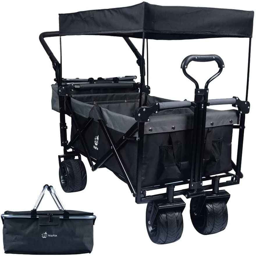 140L Collapsible Folding Wagon Cart with Removable Canopy, All-Terrain Wheels & Cooler Bag
