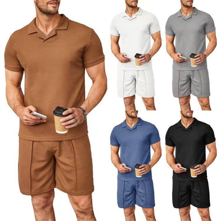 2pcs Set Men V Neck Polo Shirt Lapel Short Sleeve Men's Suit Waffle Style Casual Fashion T-Shirt Summer - Shop NCLC