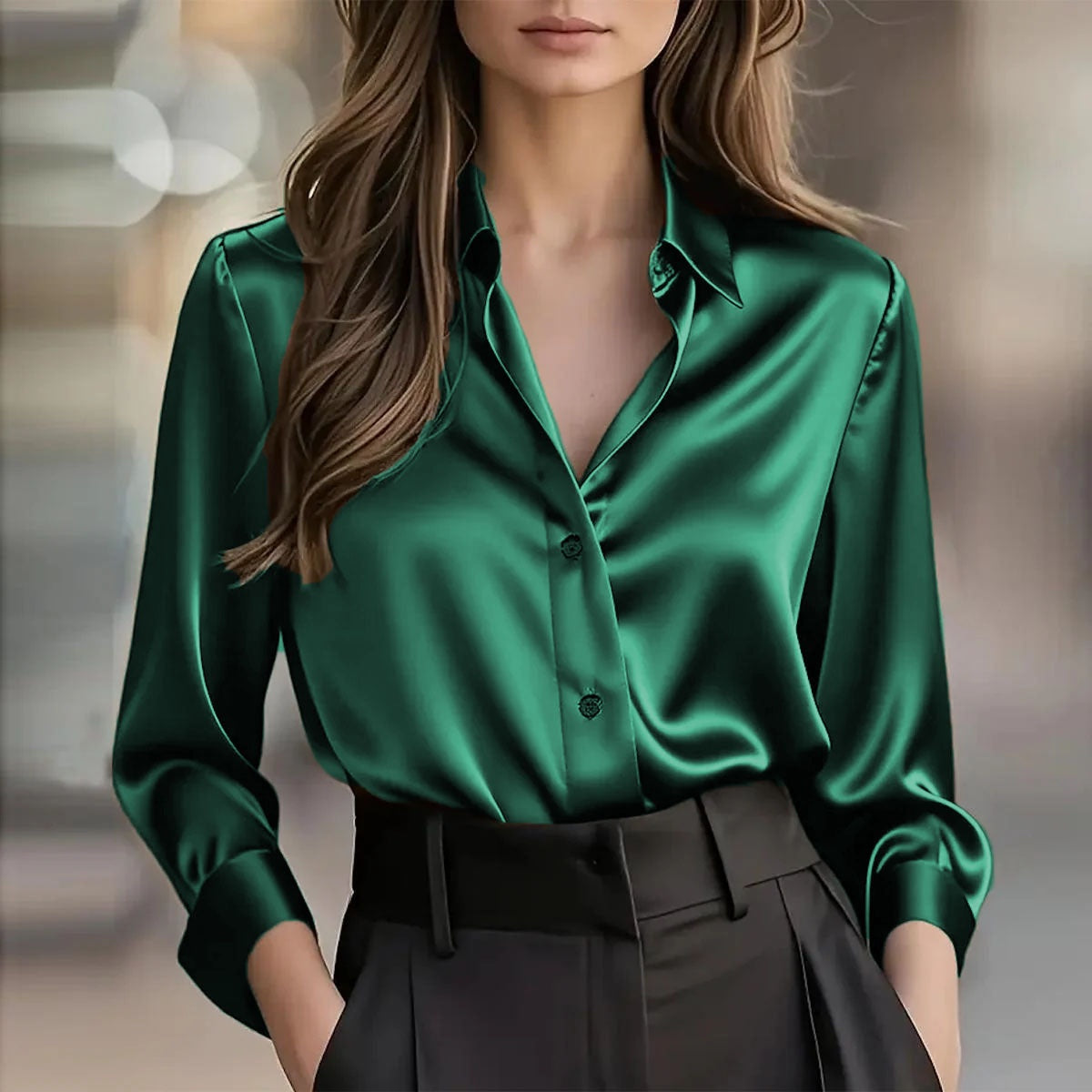Elegant Satin Long Sleeve Blouse For Women Button-Up Collar Shirt Perfect For Casual Professional Business Work Wear Women's Clothing - Shop NCLC