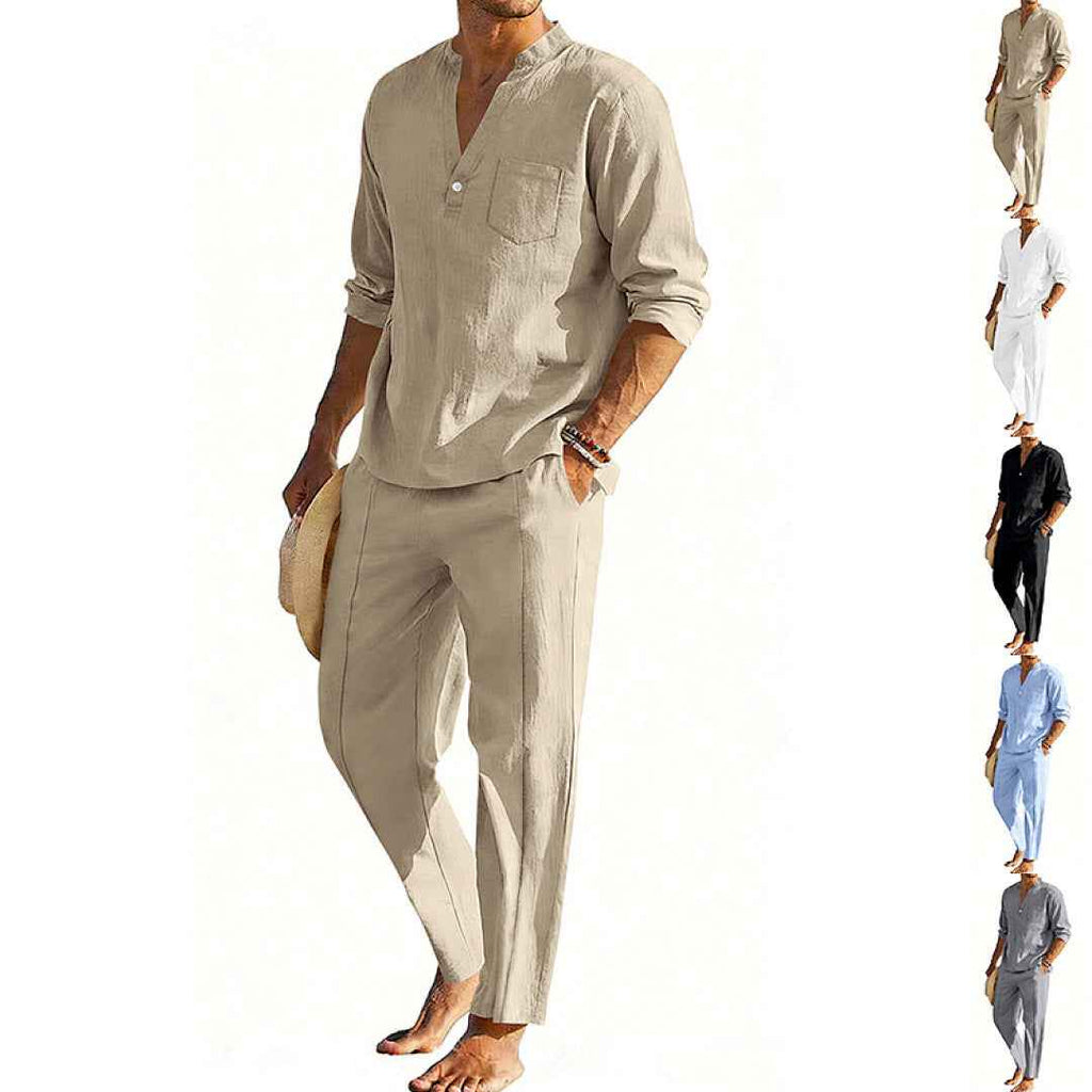 Men's Casual Henley Long-Sleeve Shirt and Straight-Leg Pants Set