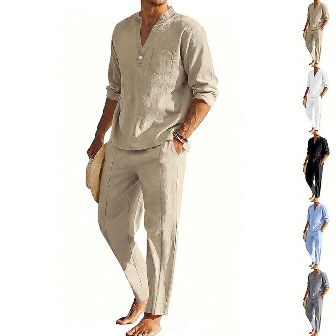 Men's Casual Henley Long-Sleeve Shirt and Straight-Leg Pants Set