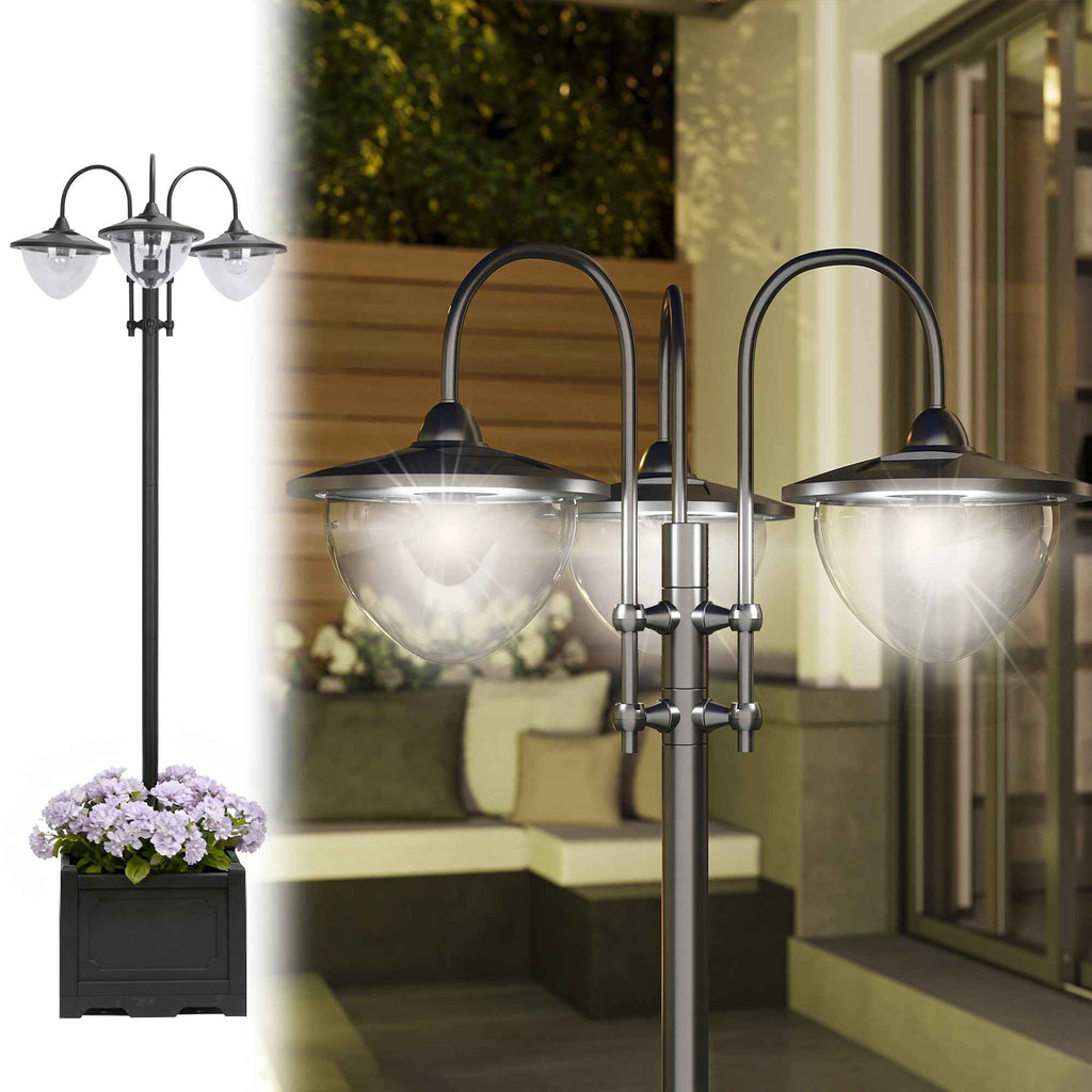 74.5" 3-head Solar Lamp Post Street Light with Planter, Solar Pole Lights Outdoor Waterproof LED Lighting for Backyard Pathway Patio Lawn Driveway Decor, Black