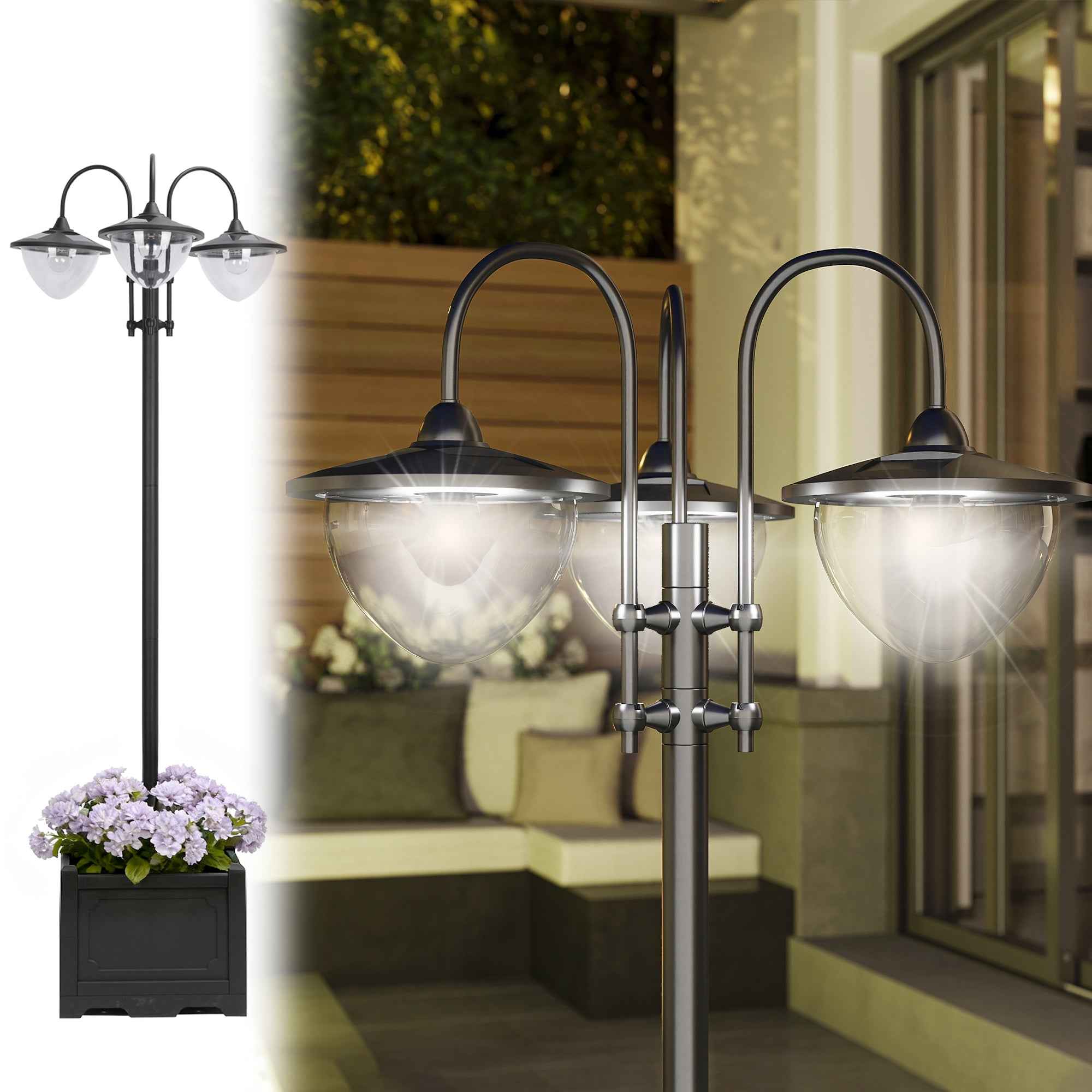 74.5" 3-head Solar Lamp Post Street Light with Planter, Solar Pole Lights Outdoor Waterproof LED Lighting for Backyard Pathway Patio Lawn Driveway Decor, Black