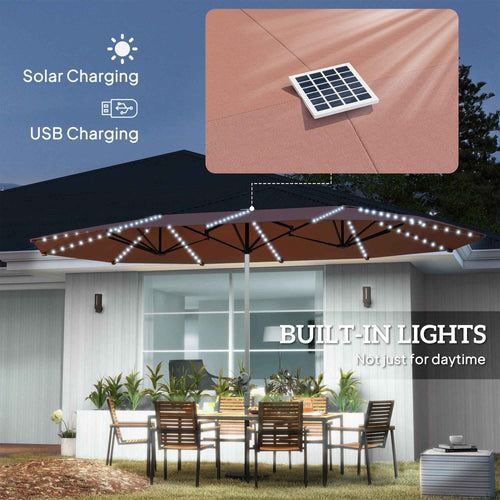 15ft Double-Sided Outdoor Umbrella with Solar Lights, UPF50+ Extra Large Aluminum Patio Umbrella with Crank, Tan